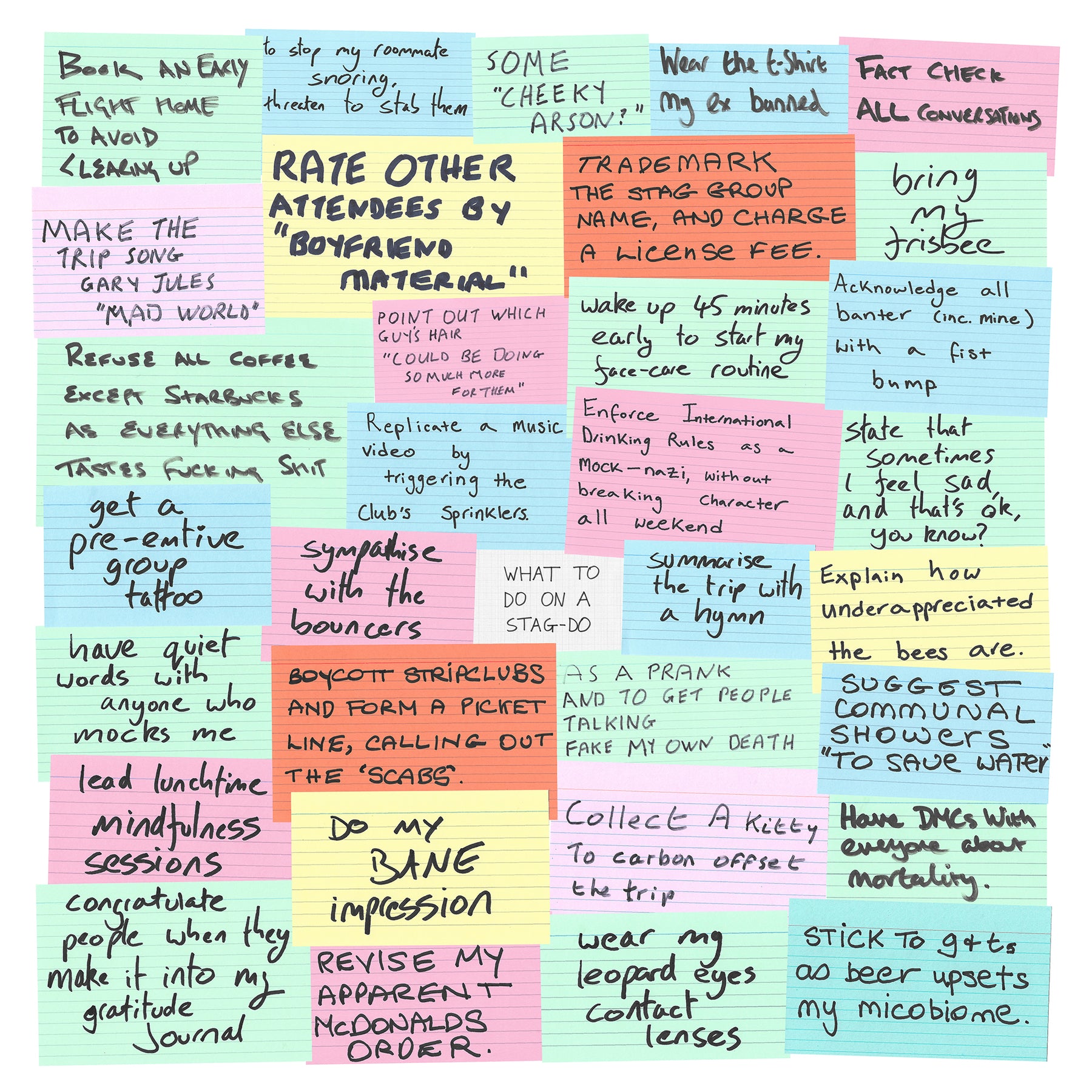 Satirical artwork presenting ‘What to Do on a Stag-Do,’ with darkly comic suggestions on multi-colored revision sticky notes.