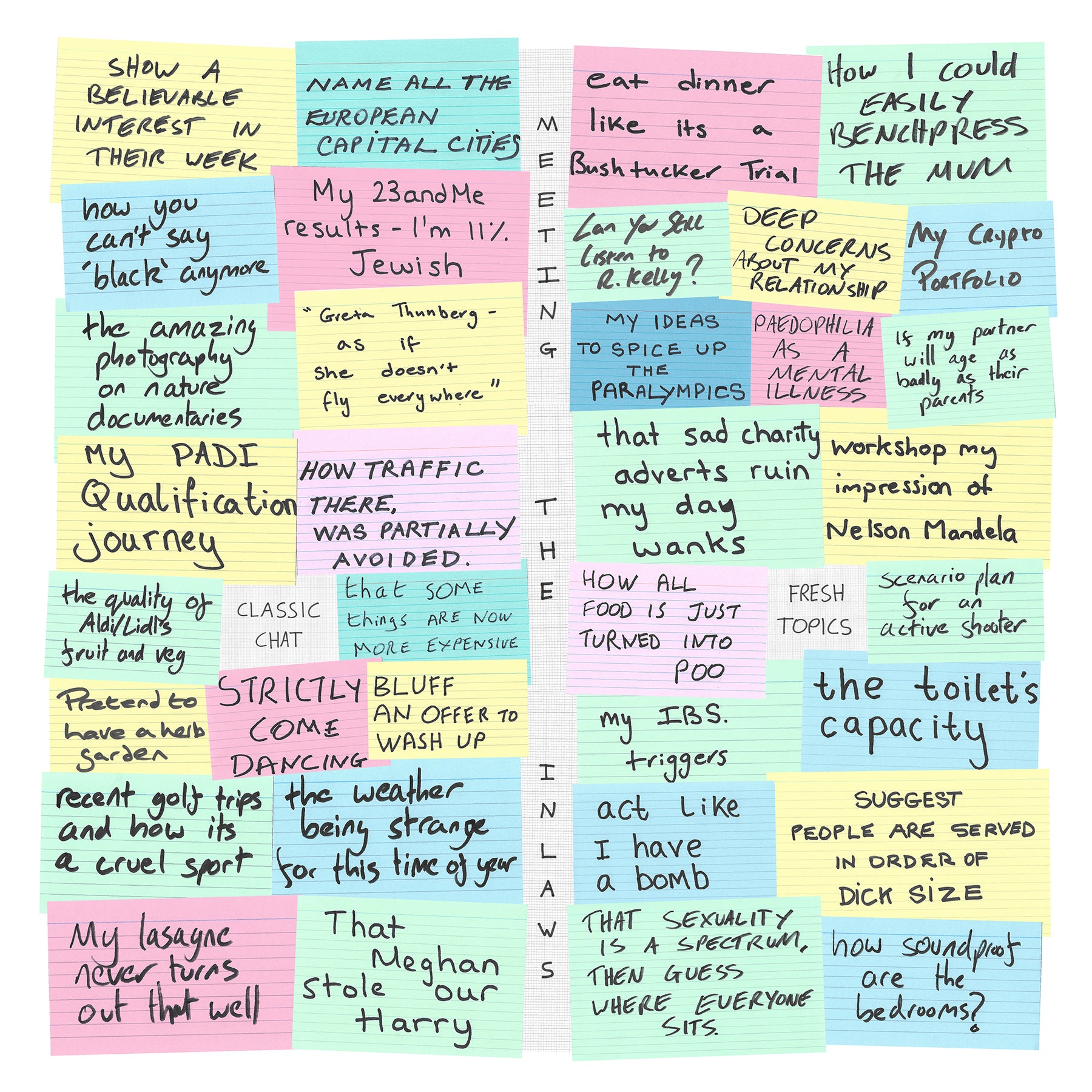 Satiriical comedy advice artwork on 'meeting the inlaws' using revision note suggestions