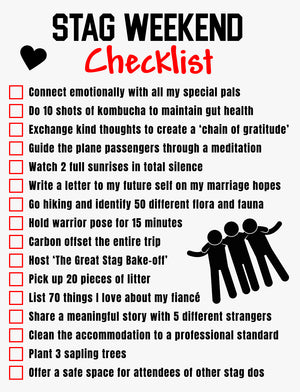 Woke Stag Checklist by Dan Berg – satirical checklist blending traditional stag-do culture with modern social expectations.