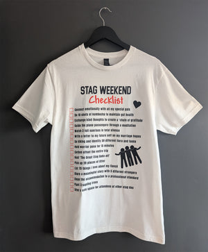 woke stag-do t-shirt checklist hanging - satirical artwork by Dan Berg